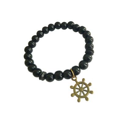 Ship Wheel Charm Black Onyx Beads Bracelet